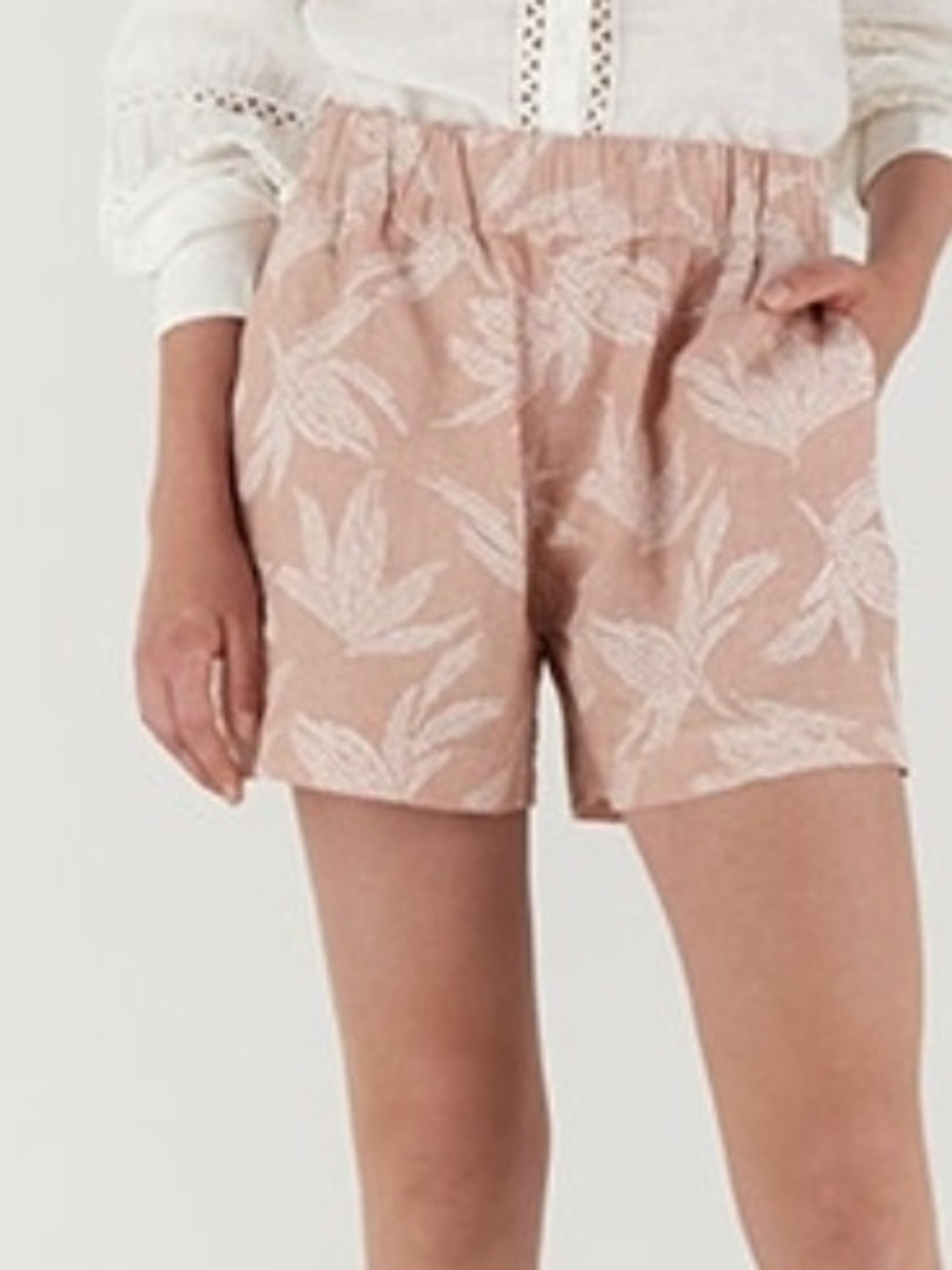 120% Lino Women's Linen Chino Shorts Pink White Floral Elastic Waist L